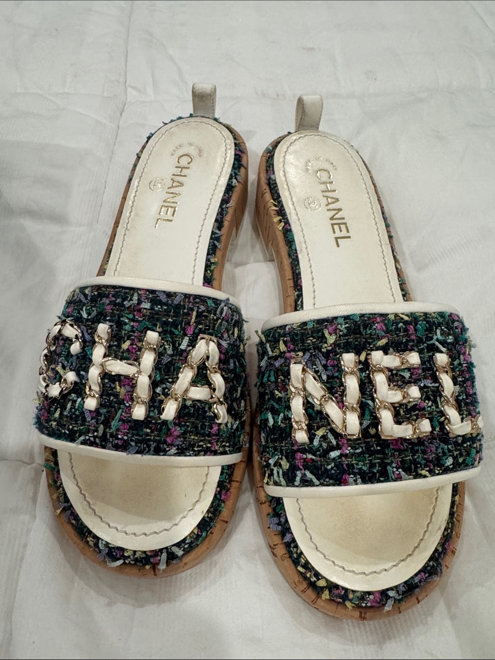 CHANEL Multicolor Tweed & White Trim Logo Slide Mules